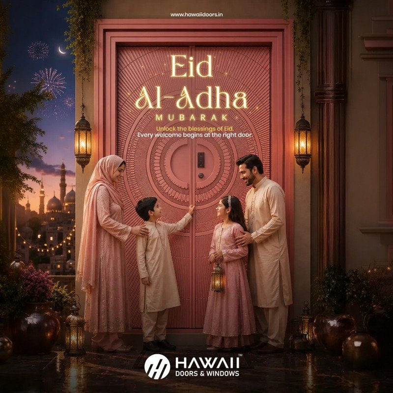 
																																					Eid Al-Adha Mubarak greeting by Hawaii Doors & Windows featuring a family standing in front of a decorative entrance door.